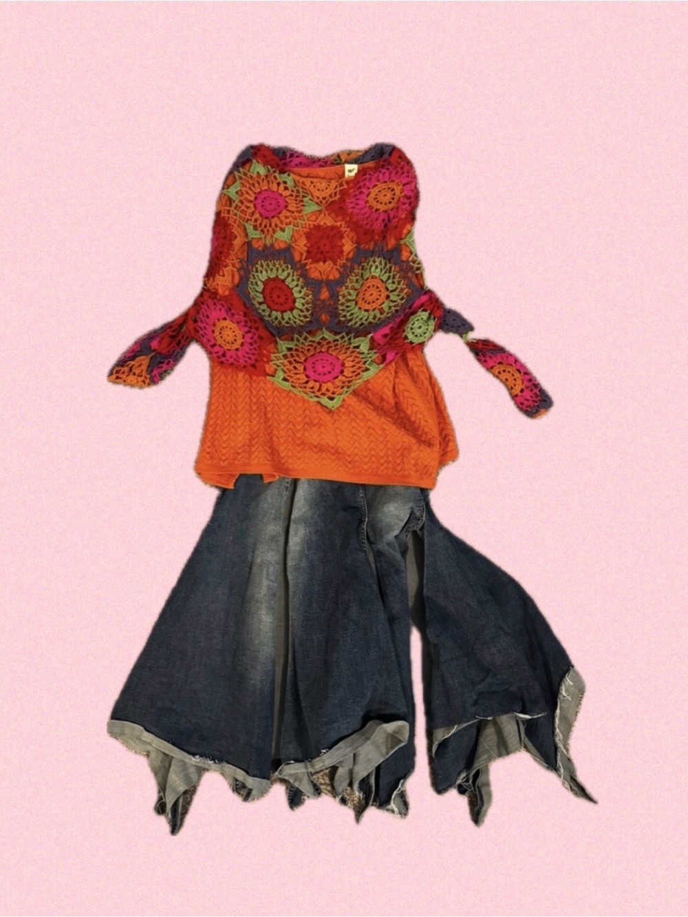 Boho Crochet Overlay & Orange Sweater with Denim Flare Skirt Set